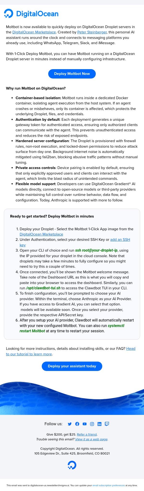 Now Available: Moltbot on DigitalOcean 🦞 email from DigitalOcean screenshot