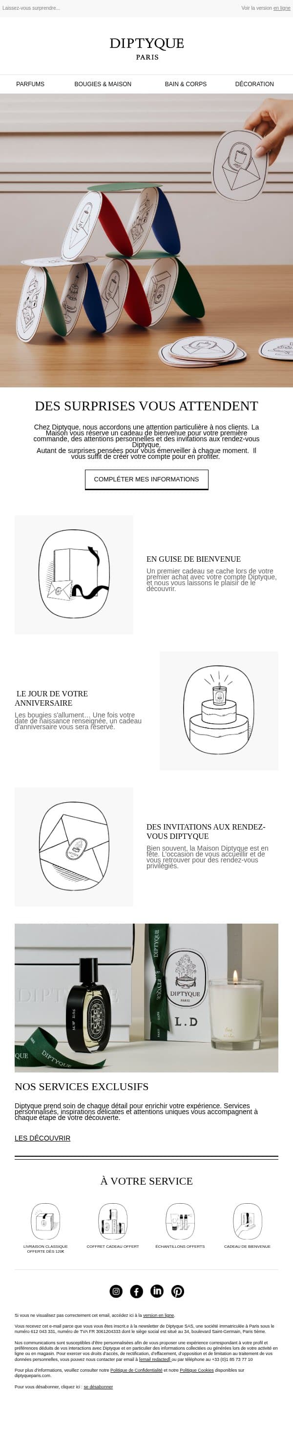 Des attentions exclusives, rien que pour vous email from Diptyque screenshot