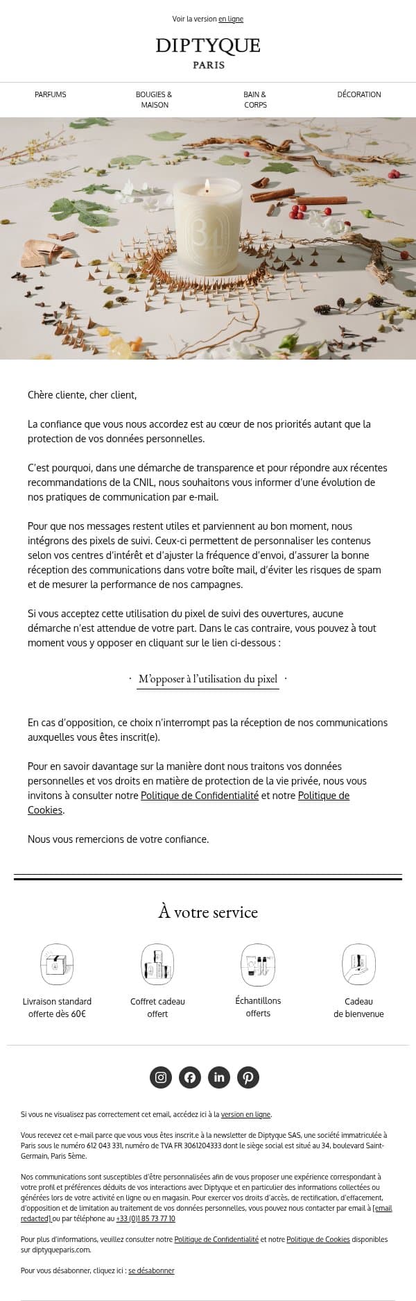 Information sur nos communications et vos choix de confidentialité email from Diptyque screenshot