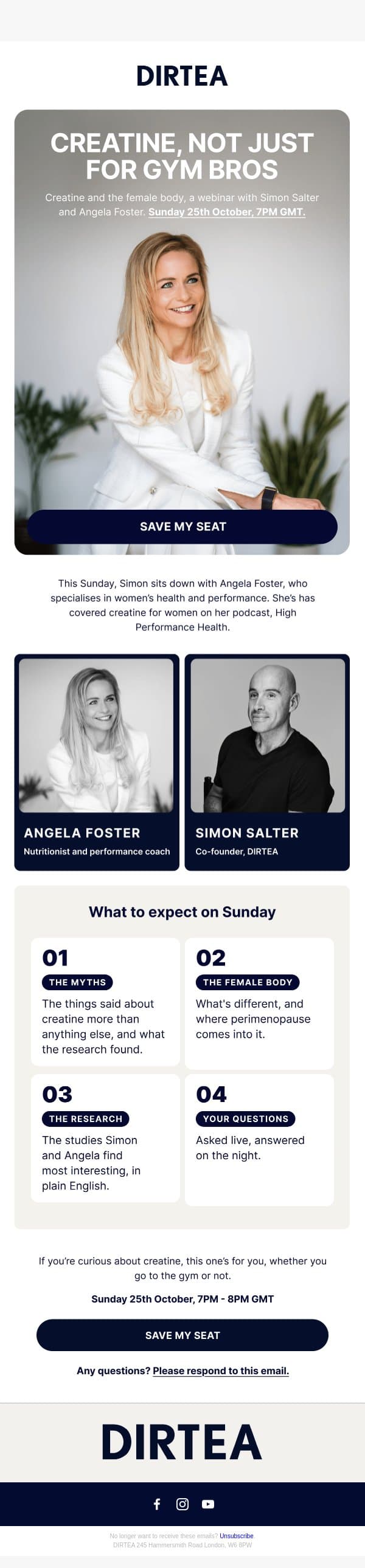 Angela Foster is joining Simon, live! email from Dirtea screenshot