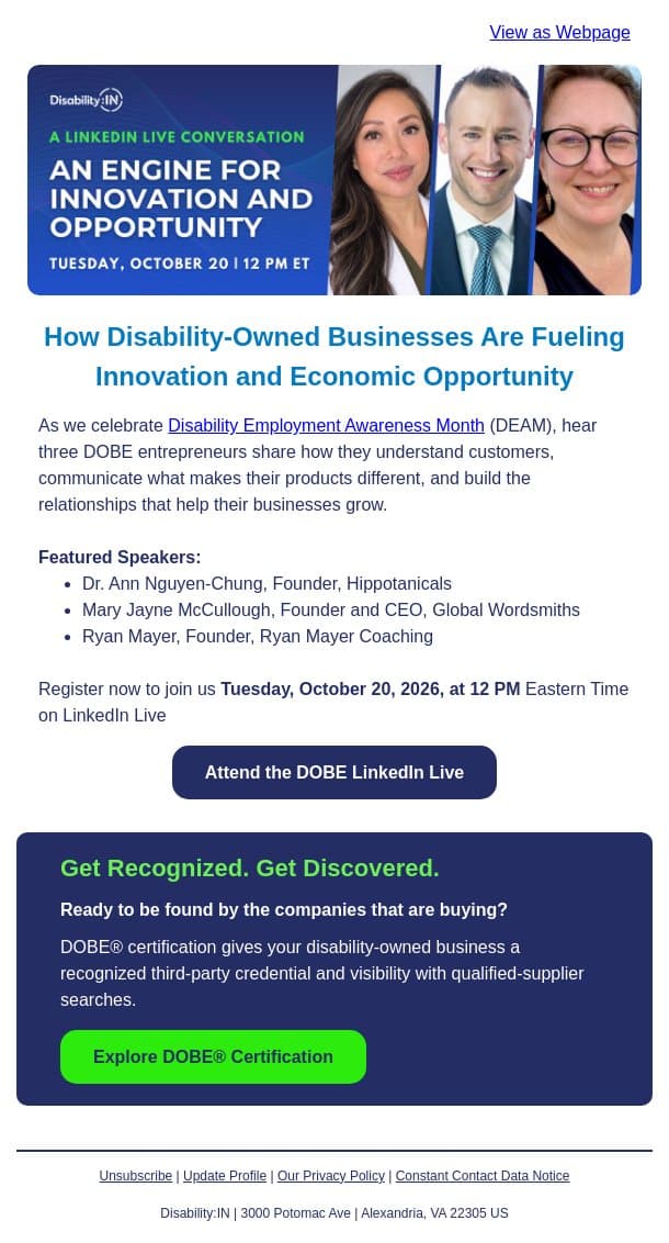 Meet the founders driving innovation email from Disability:IN screenshot