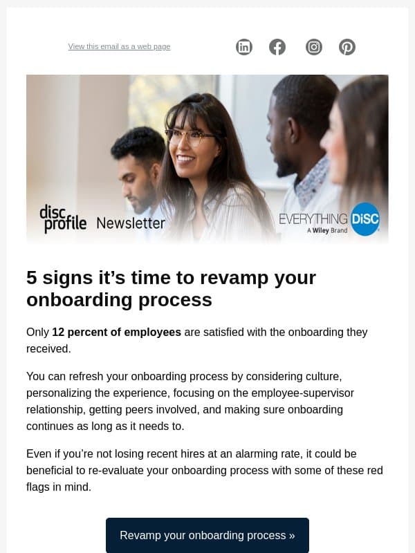 5 signs it’s time to revamp your onboarding process email from DISC Assessment