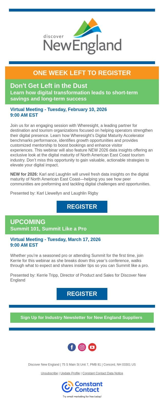 One Week Left to Register email from Discover New England screenshot