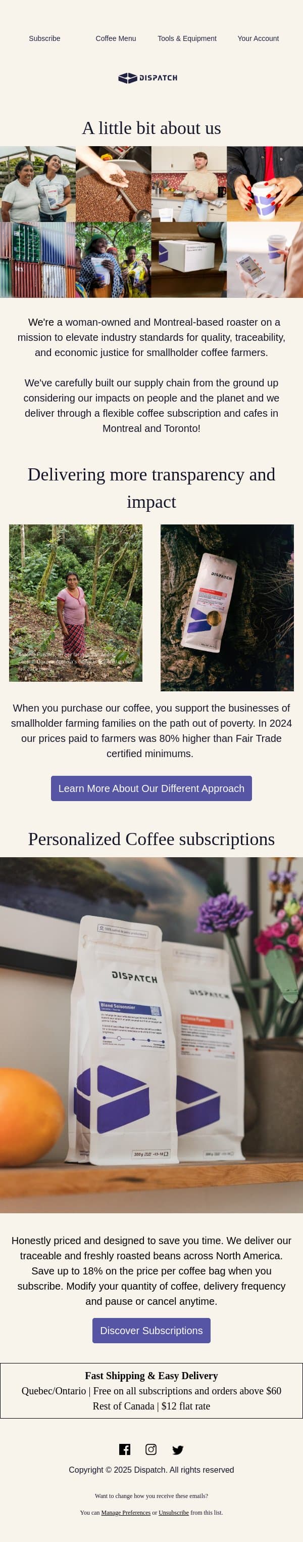 Thanks For Joining Our Community! email from Dispatch Coffee screenshot