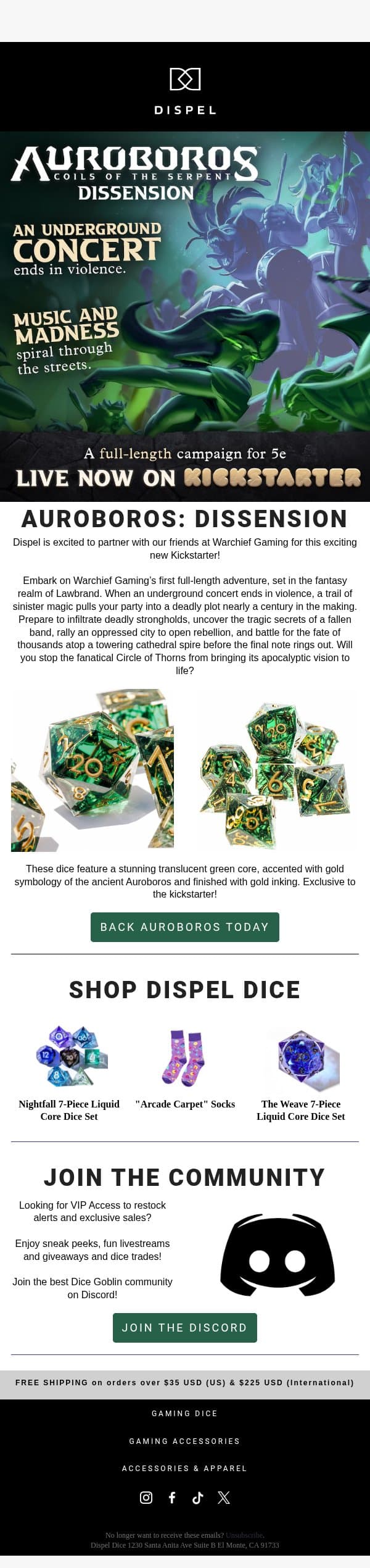 Now live on Kickstarter! Auroboros: Dissension 🐍 email from Dispel Dice screenshot