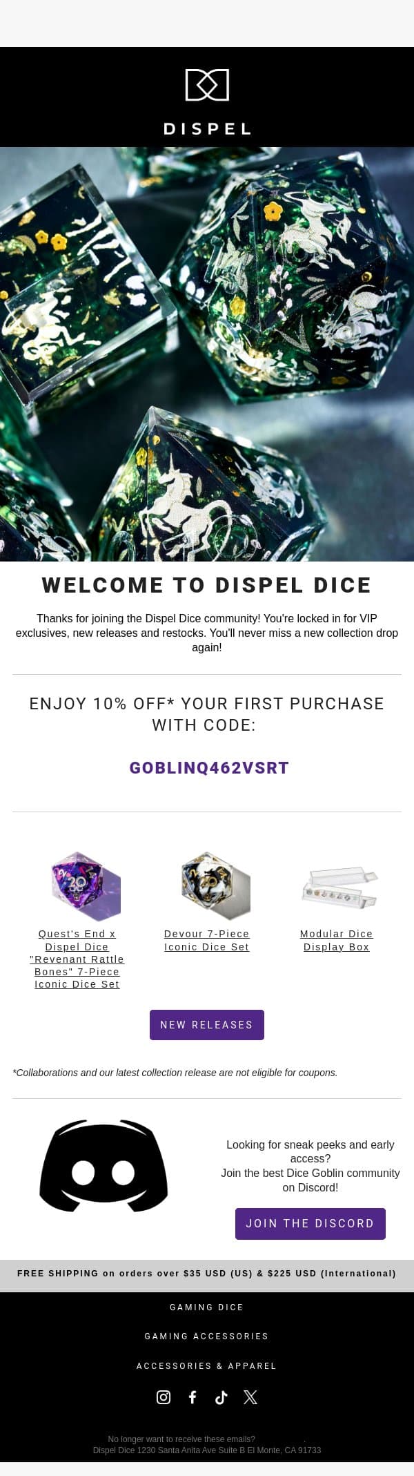 Hey Dice Goblin! Welcome to Dispel Dice! email from Dispel Dice screenshot