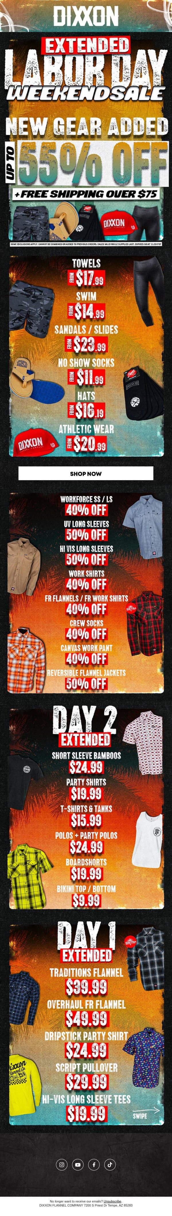 Labor Day Deals EXTENDED... ⏰🛠️ email from Dixxon Apparel screenshot