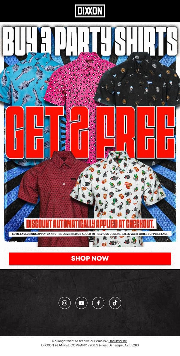 Claim your 2 FREE Party Shirts π¨ email from Dixxon Apparel screenshot