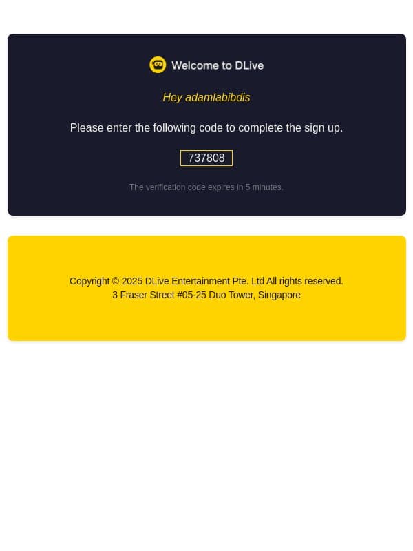 Your DLive Verification Code email from DLive screenshot