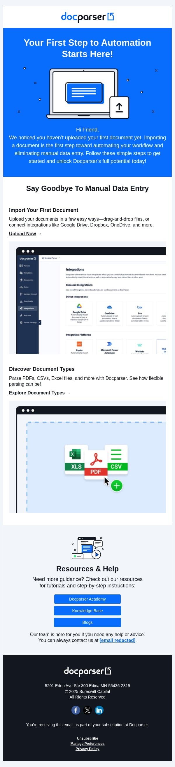 Parse PDF, CSV, Excel, Images, and more on Docparser email from Docparser screenshot