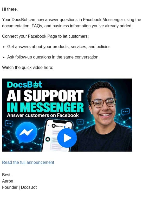 Your DocsBot can now answer in Facebook Messenger email from DocsBot