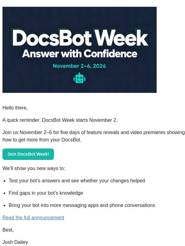 DocsBot Week starts November 2 email from DocsBot