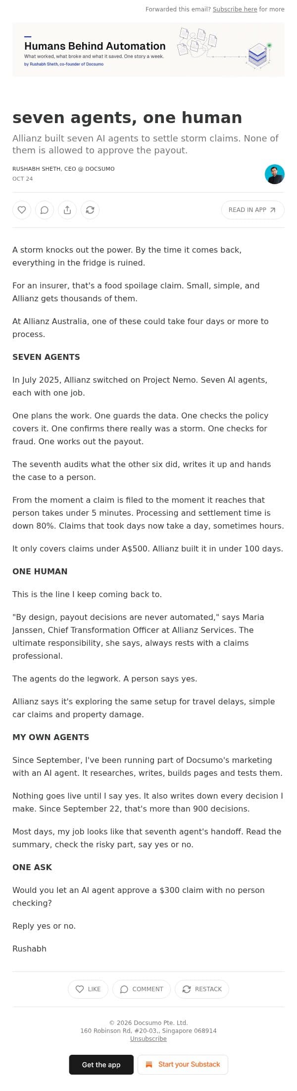 seven agents, one human email from Docsumo screenshot