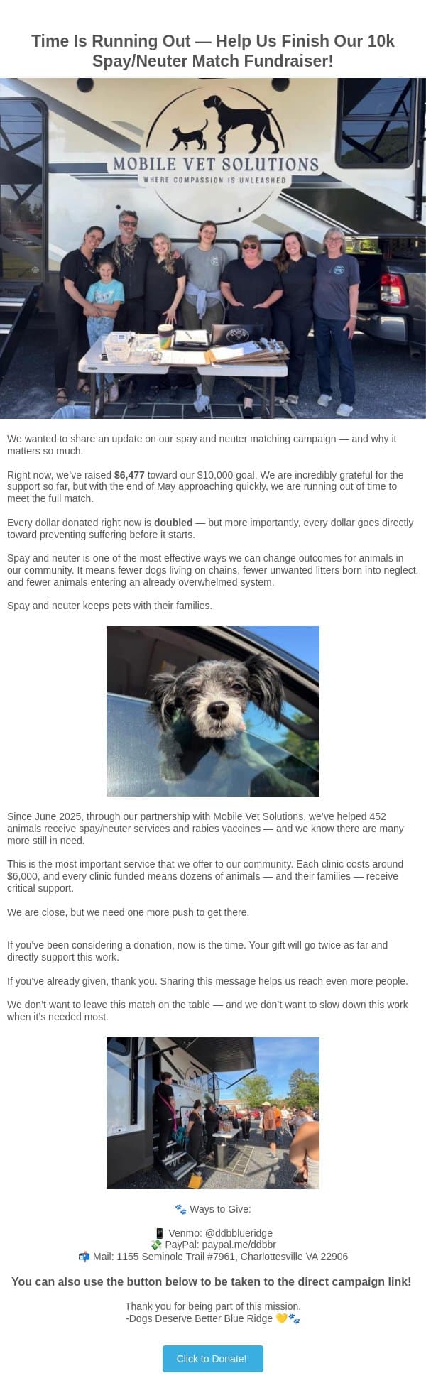 Time Is Running Out — Help Us Finish Our Spay/Neuter Match! email from Dogs Deserve Better screenshot
