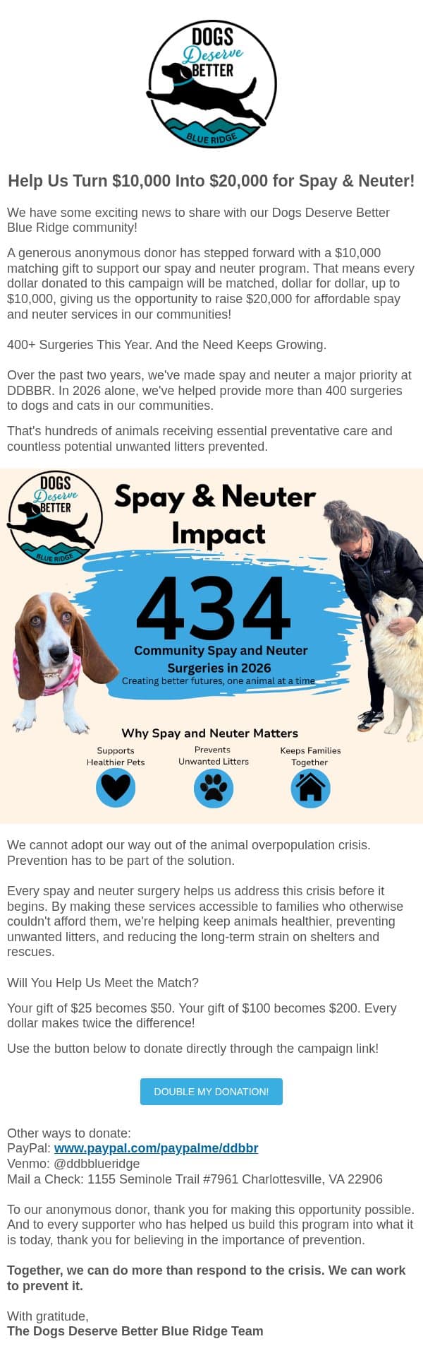 Double Your Impact: Help Us Unlock a $10,000 Match! email from Dogs Deserve Better screenshot
