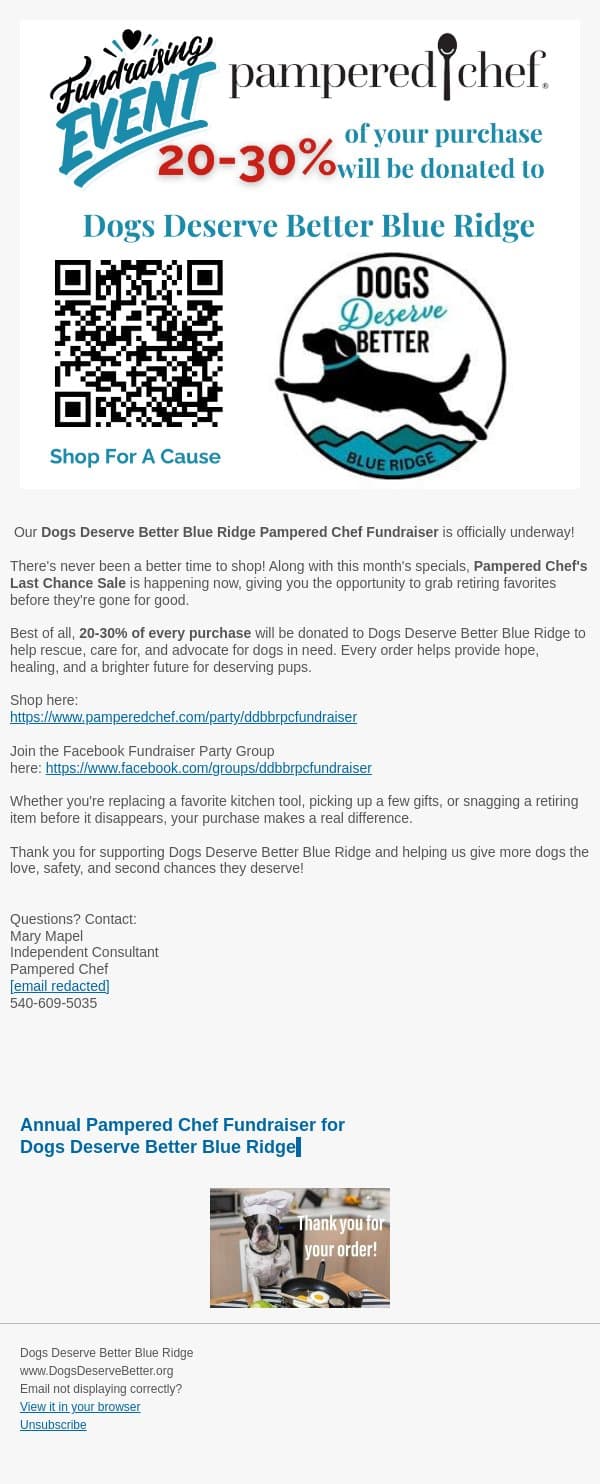 Pampered Chef Fundraiser for Dogs Deserve Better Blue Ridge! email from Dogs Deserve Better screenshot