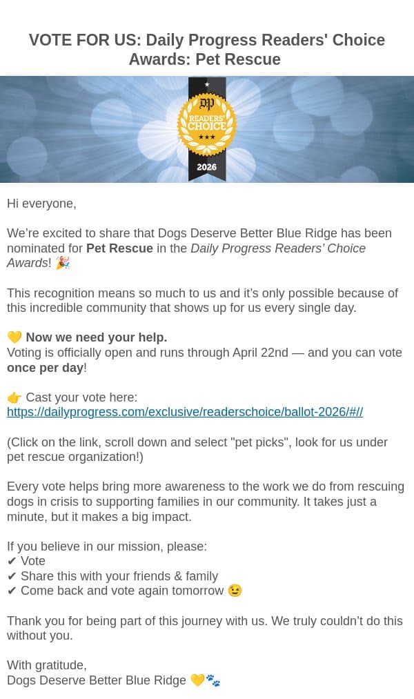 Vote for us in the Daily Progess Readers' Choice Awards! email from Dogs Deserve Better screenshot