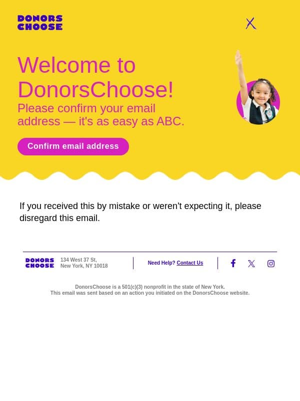 Confirm your email address email from DonorsChoose screenshot