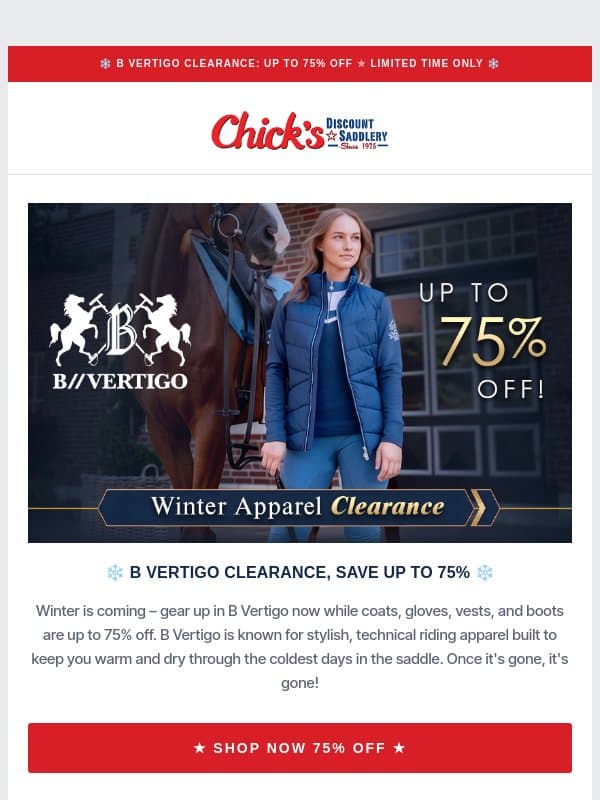 75% off B Vertigo Winter Riding Apparel email from Dover Saddlery