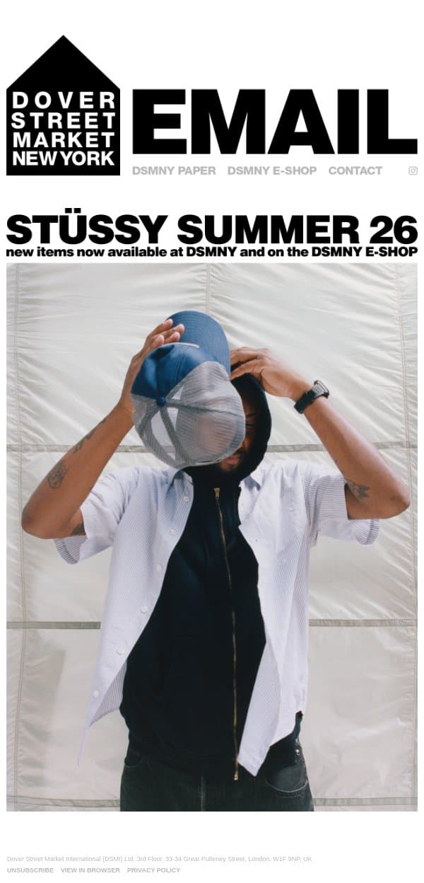 Stüssy Summer 26 new items now available email from Dover Street Market screenshot