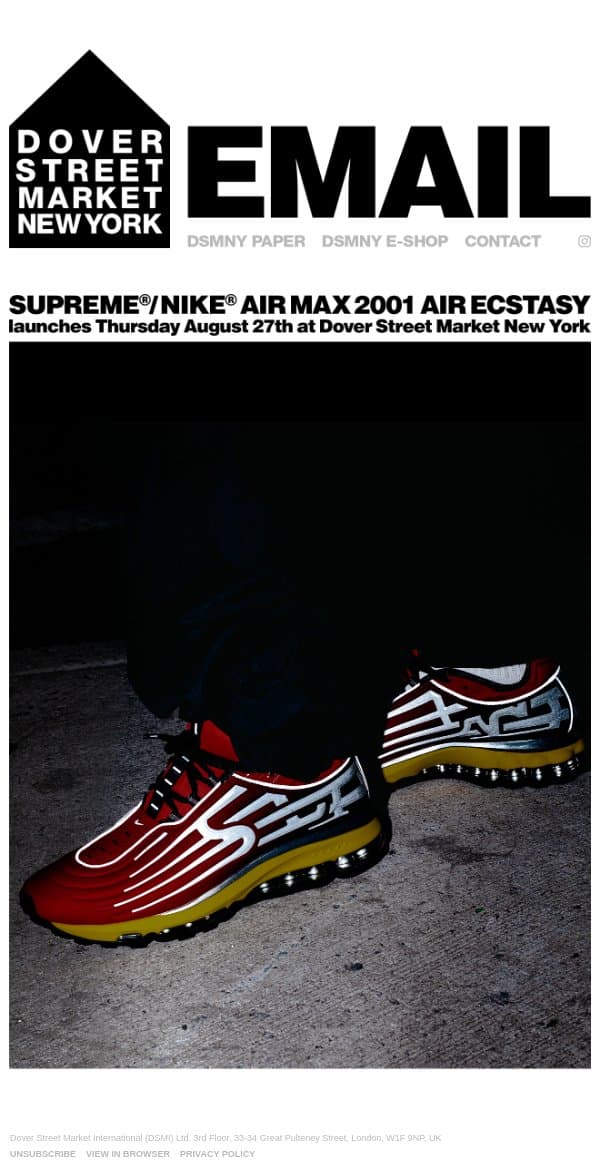 Supreme®/Nike® Air Max 2001 Air Ecstasy launches Thursday August 27th email from Dover Street Market screenshot