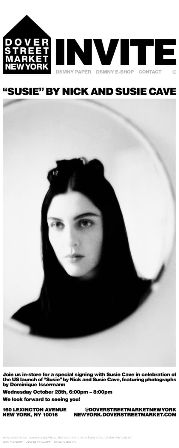 Invite: “Susie” by Nick and Susie Cave email from Dover Street Market screenshot
