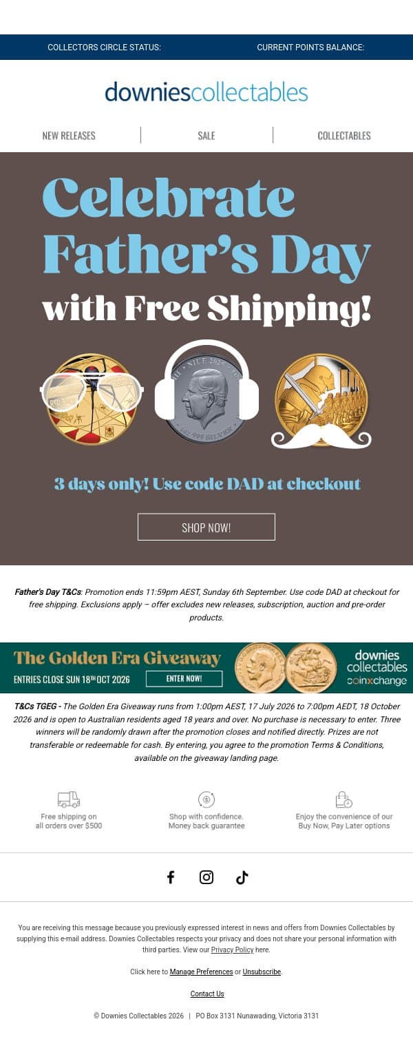 ๐ Celebrate Father's Day - FREE SHIPPING! email from Downies Collectables screenshot