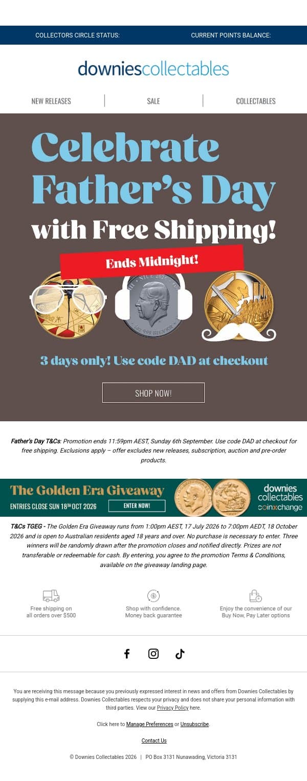 π Free Shipping ENDS MIDNIGHT! email from Downies Collectables screenshot