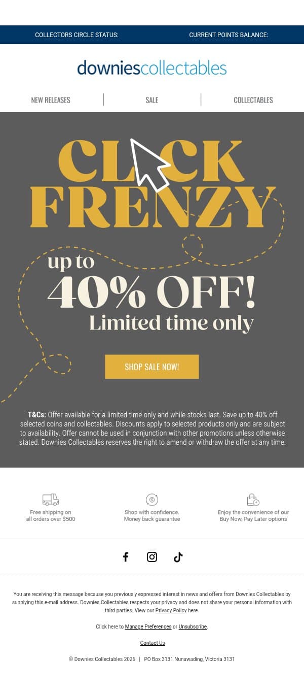 ⚡ CLICK FRENZY! Save Up to 40% OFF! email from Downies Collectables screenshot