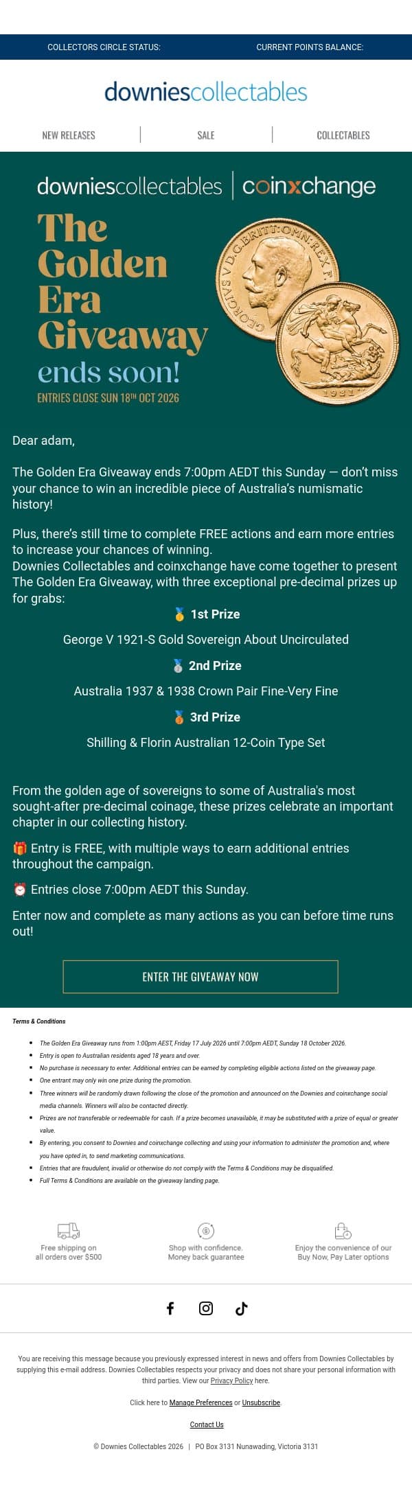 🏆 GOLDEN ERA GIVEAWAY LAST CHANCE! email from Downies Collectables screenshot