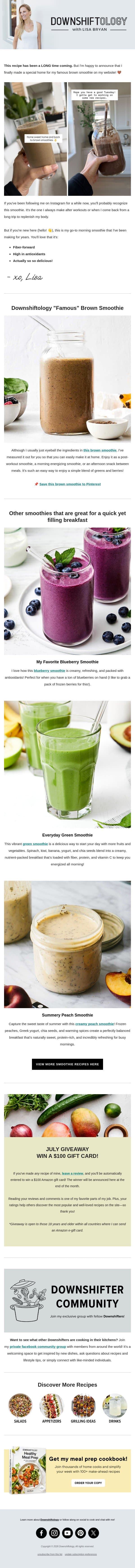 My Famous Brown Smoothie Is Here! email from Downshiftology screenshot
