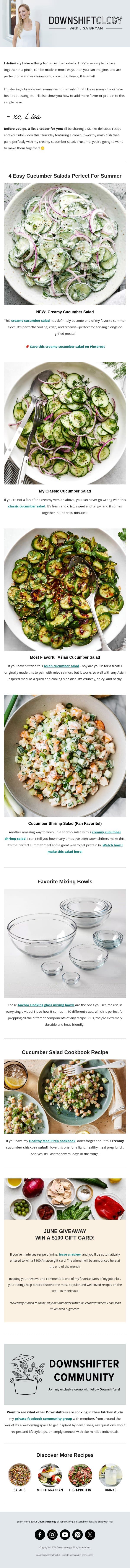 4 Easy Cucumber Salads For Summer email from Downshiftology screenshot