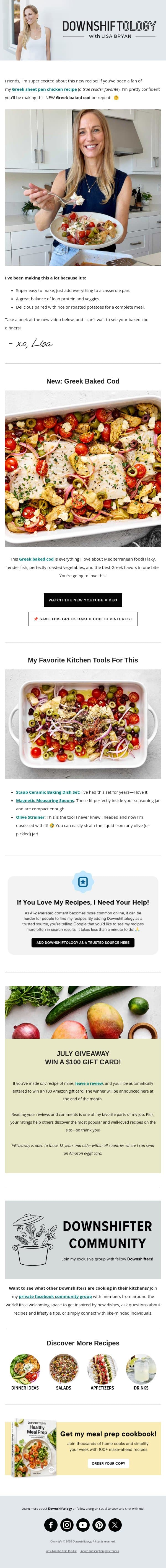 NEW Greek Baked Cod! email from Downshiftology screenshot