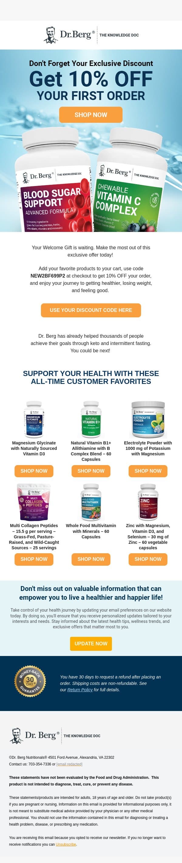 Don't Forget Your Exclusive 10% Discount email from Dr. Berg Shop screenshot