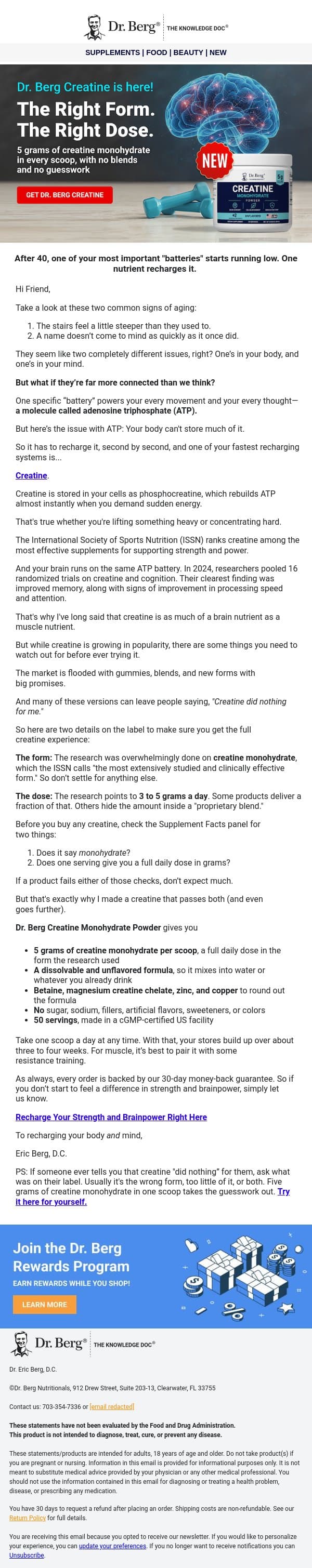 Check for 2 things on any creatine label email from Dr. Berg Shop screenshot