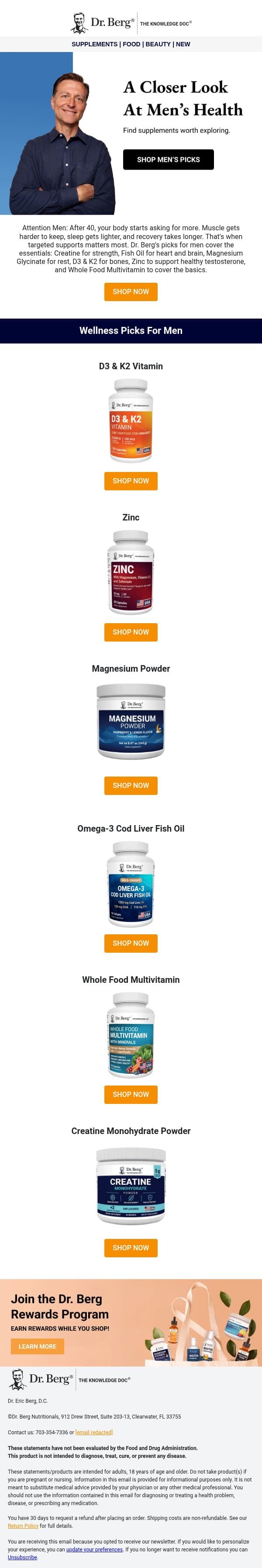 Dr. Berg's top supplement picks for men. email from Dr. Berg Shop screenshot
