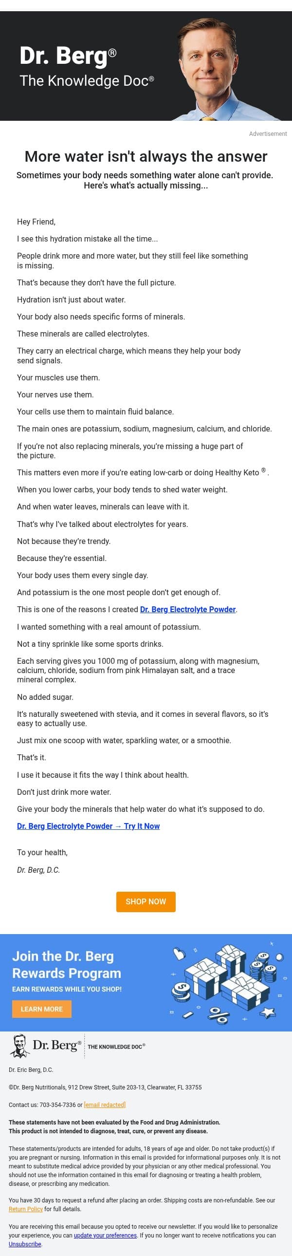 The hydration mistake I see all the time email from Dr. Berg Shop screenshot