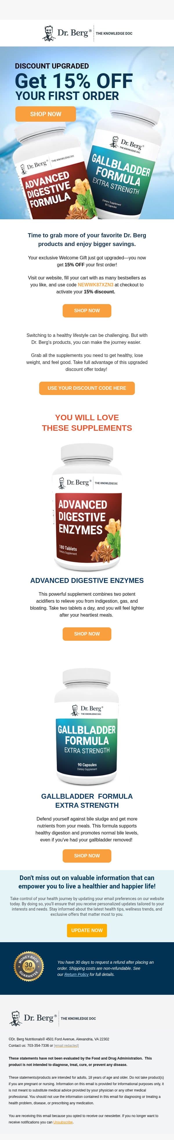 Discount Upgraded: Get 15% OFF email from Dr. Berg Shop screenshot