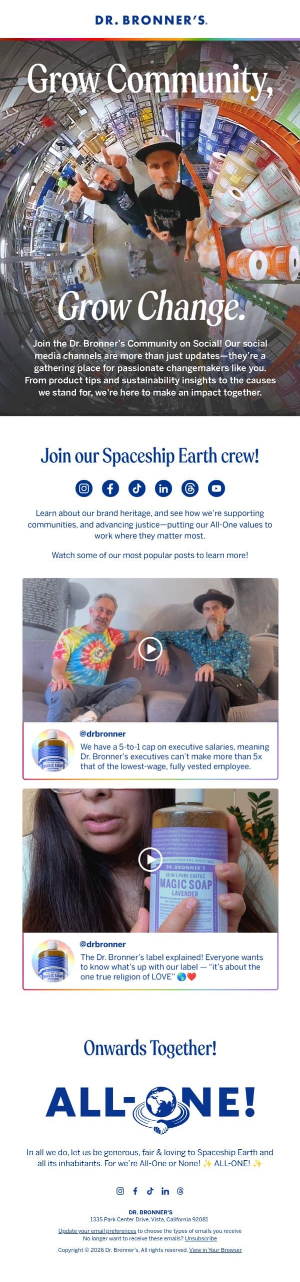 Follow us on social media! email from Dr. Bronner's screenshot