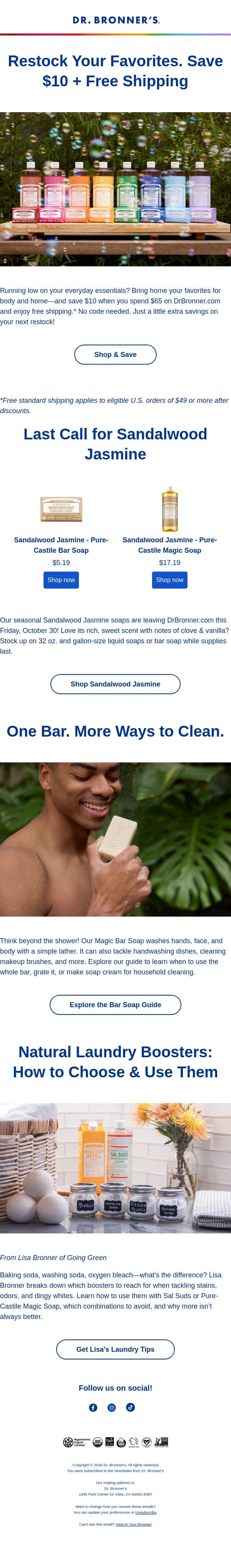 Spend $65, Save $10 and Get Free Shipping email from Dr. Bronner's screenshot