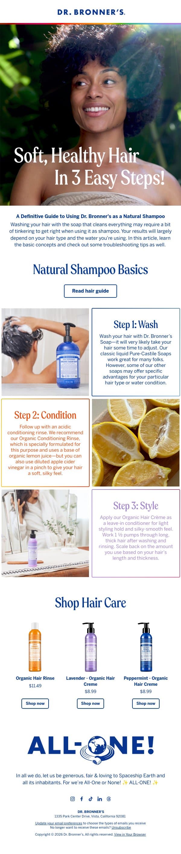 How to wash your hair with Dr. Bronner's email from Dr. Bronner's screenshot