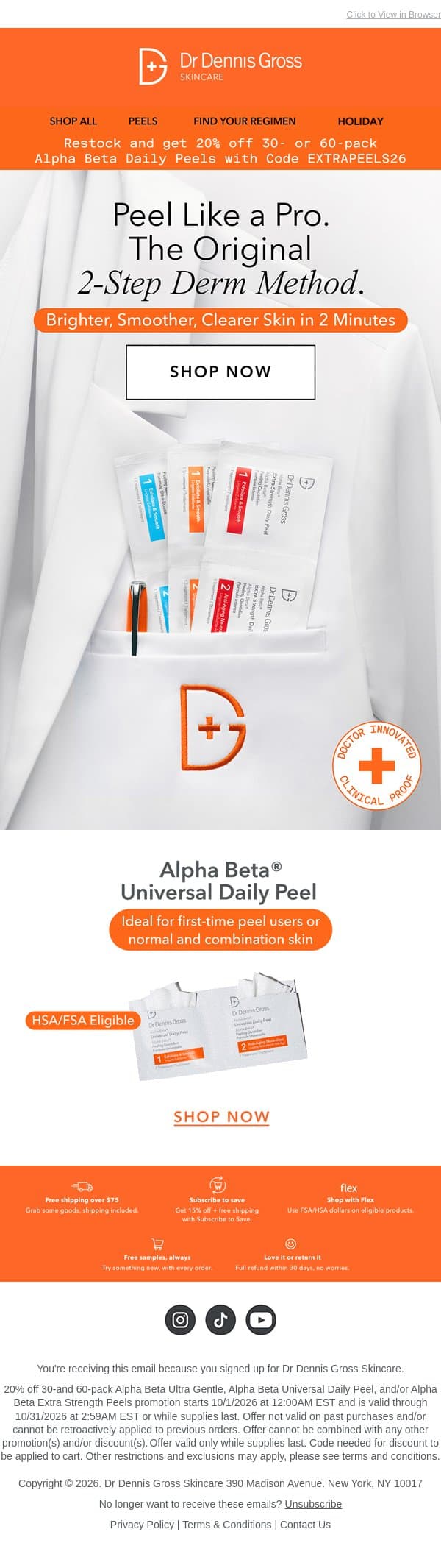 Want 20% Off Your Next Order Of Peels? email from Dr. Dennis Gross Skincare screenshot
