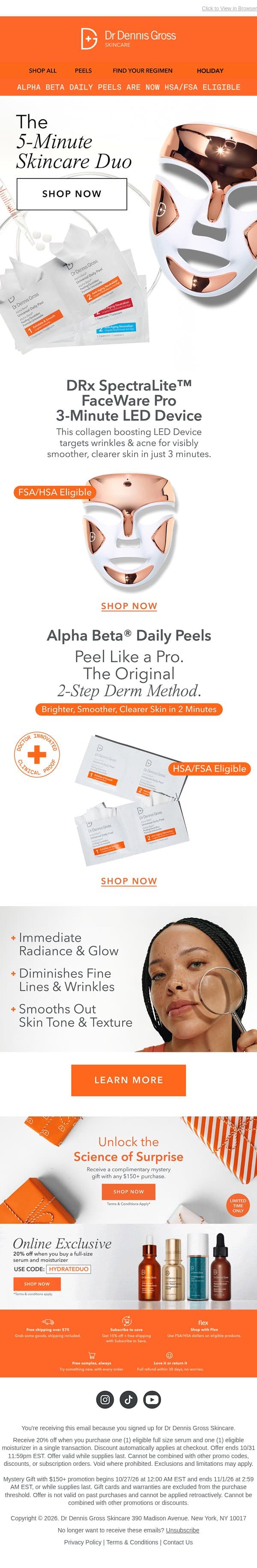 π Now FSA/HSA Eligible: Your 5-Minute Skincare Routine email from Dr. Dennis Gross Skincare screenshot