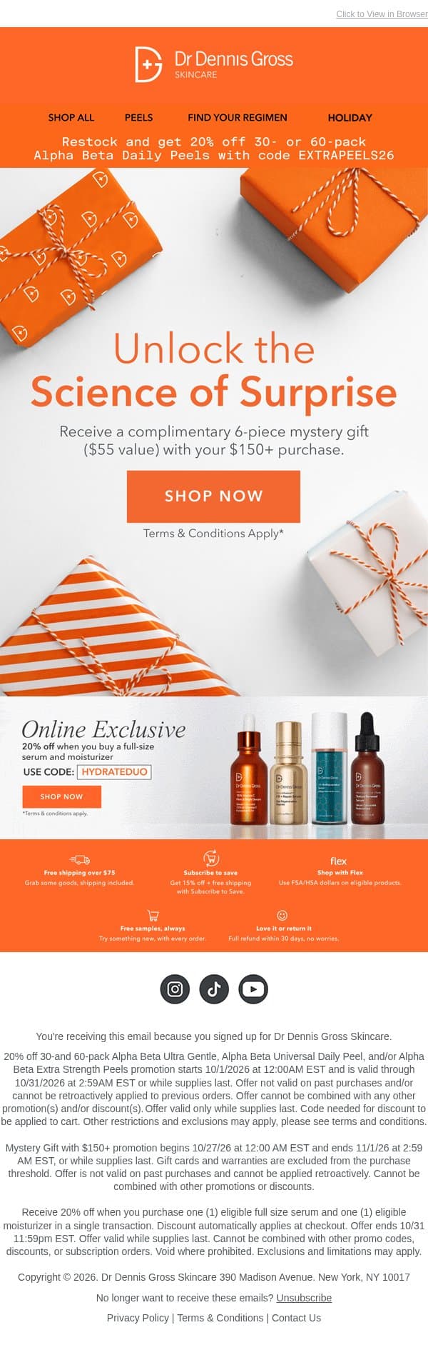 🧡 20% Off & A Surprise Skincare Gift For You email from Dr. Dennis Gross Skincare screenshot