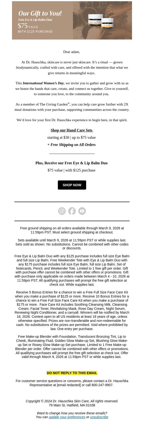 Join us in Giving Back this International Women’s Day email from Dr. Hauschka screenshot