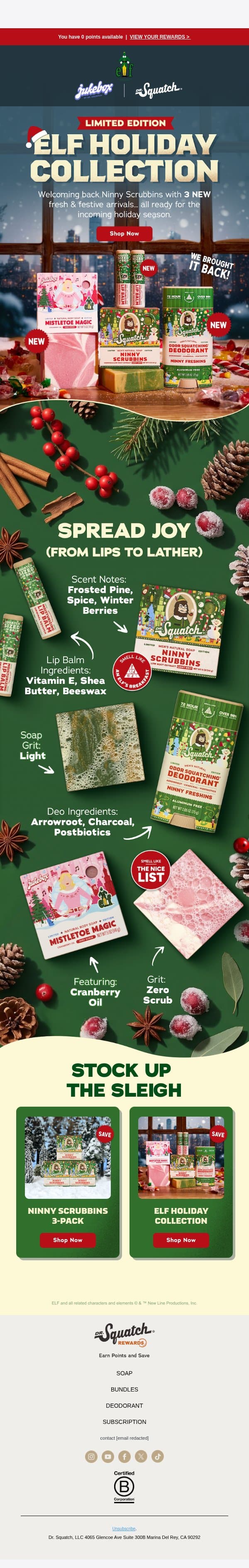 HOLIDAY DROP! The Elf Holiday Collection is HERE email from Dr. Squatch screenshot