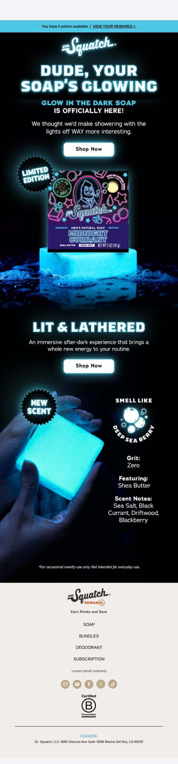 NEW! Glow in the Dark Soap is HERE email from Dr. Squatch screenshot
