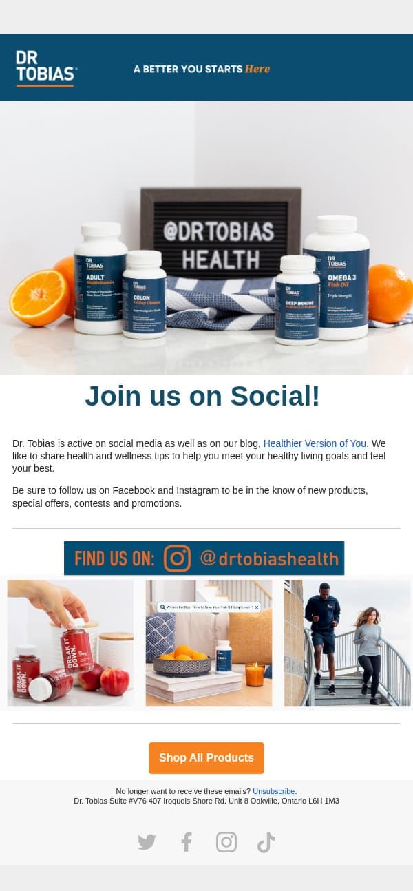 Check us out on Social Media! email from Dr. Tobias screenshot