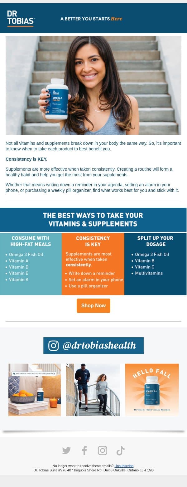 Best Time to Take your Vitamins email from Dr. Tobias screenshot