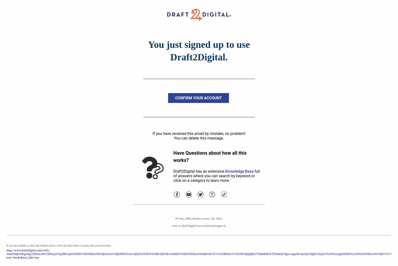 Draft2Digital - Confirm Your Account email from Draft2Digital screenshot